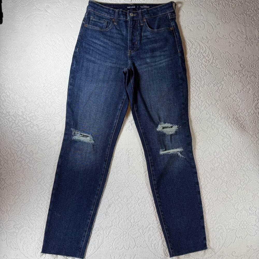 Old Navy O.G. Straight Jeans Womens 2 Blue High Rise Distressed Stretch Denim